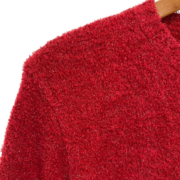 Womens Red Metallic Fuzzy Teddy Cardigan Sweater - Picture 3 of 11